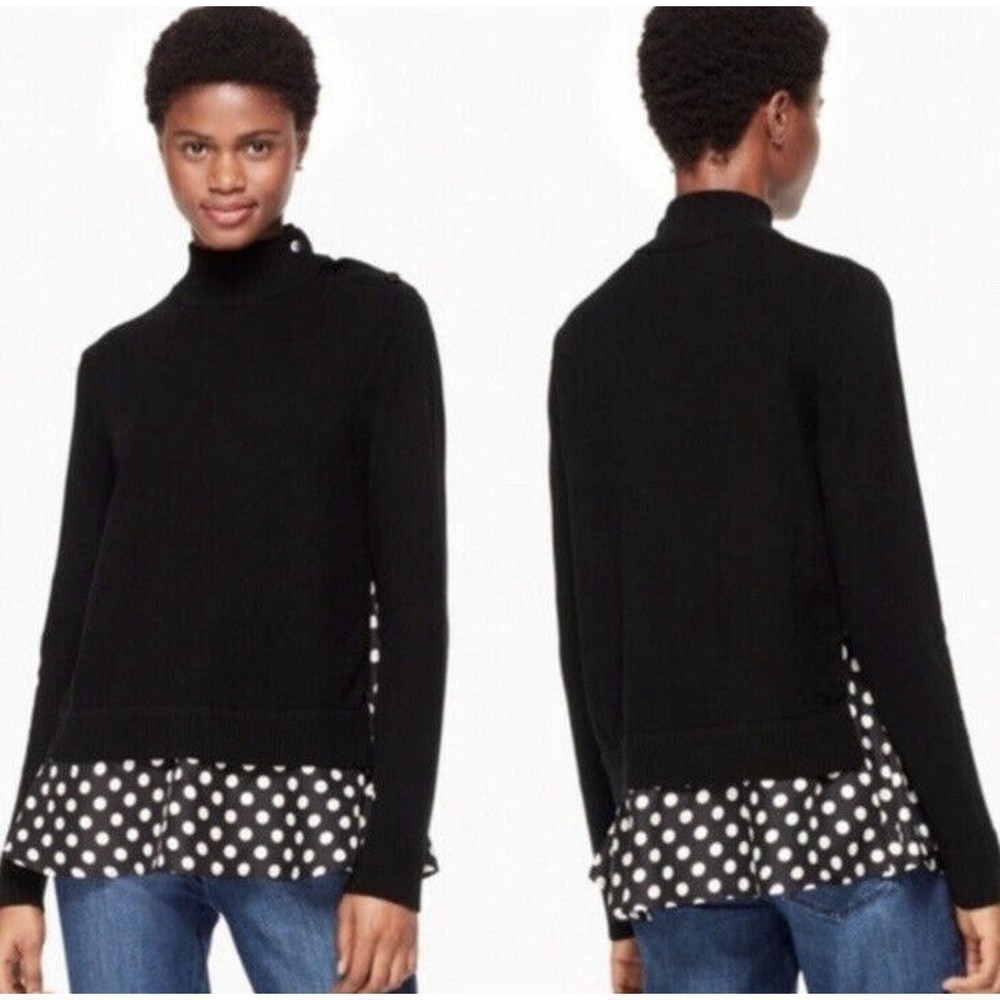Kate Spade Black Mock Neck Sweater XS Silk Polka Dot Trim